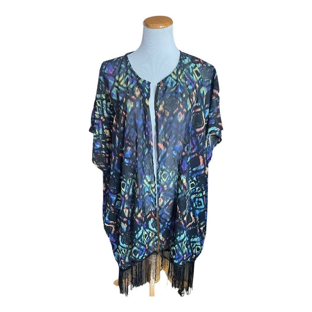 Womens Earthbound Trading Co Fringe Multi-Colored Kimono Poncho - Sz OS One Size